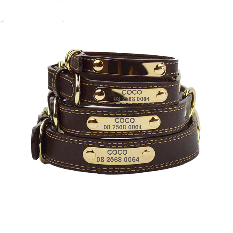 Genuine Leather Collar with Engraved Nameplate