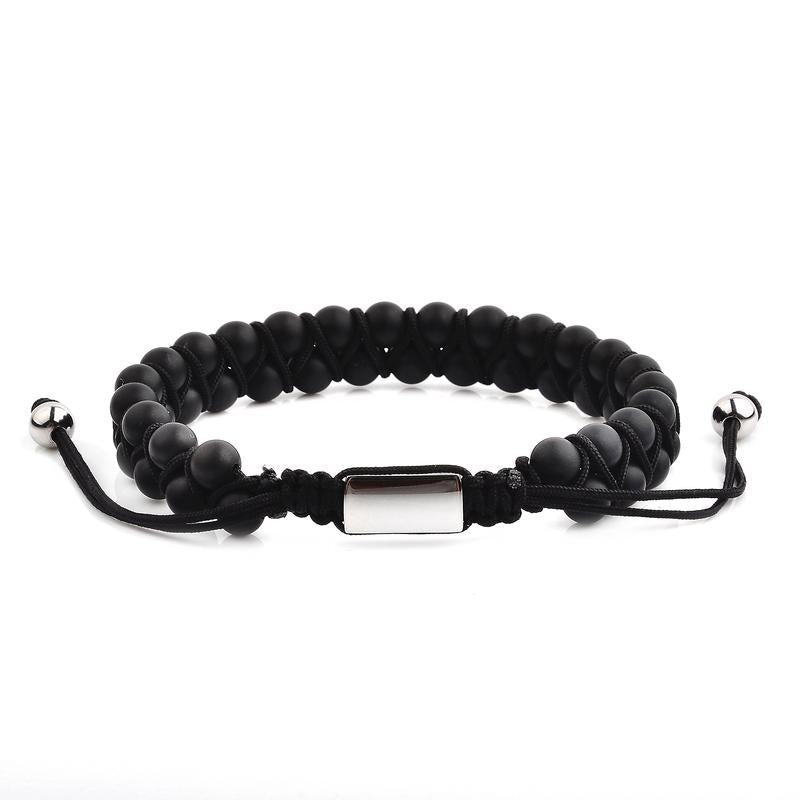 CRUCIBLE MEN'S MATTE BLACK AGATE STONE BEADED ADJUSTABLE BRACELET