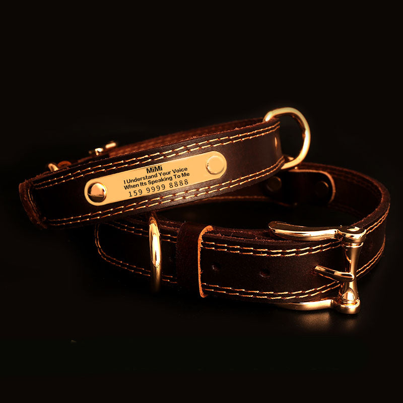 Genuine Leather Collar with Engraved Nameplate