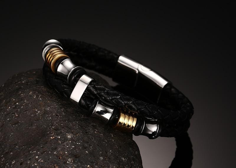 Men's Gold Beads Black Braided leather bracelet