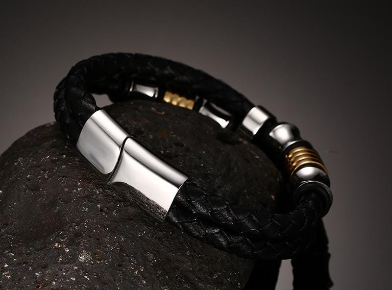 Men's Gold Beads Black Braided leather bracelet