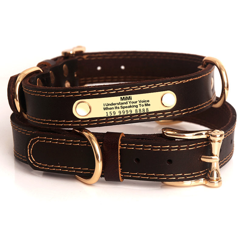 Genuine Leather Collar with Engraved Nameplate