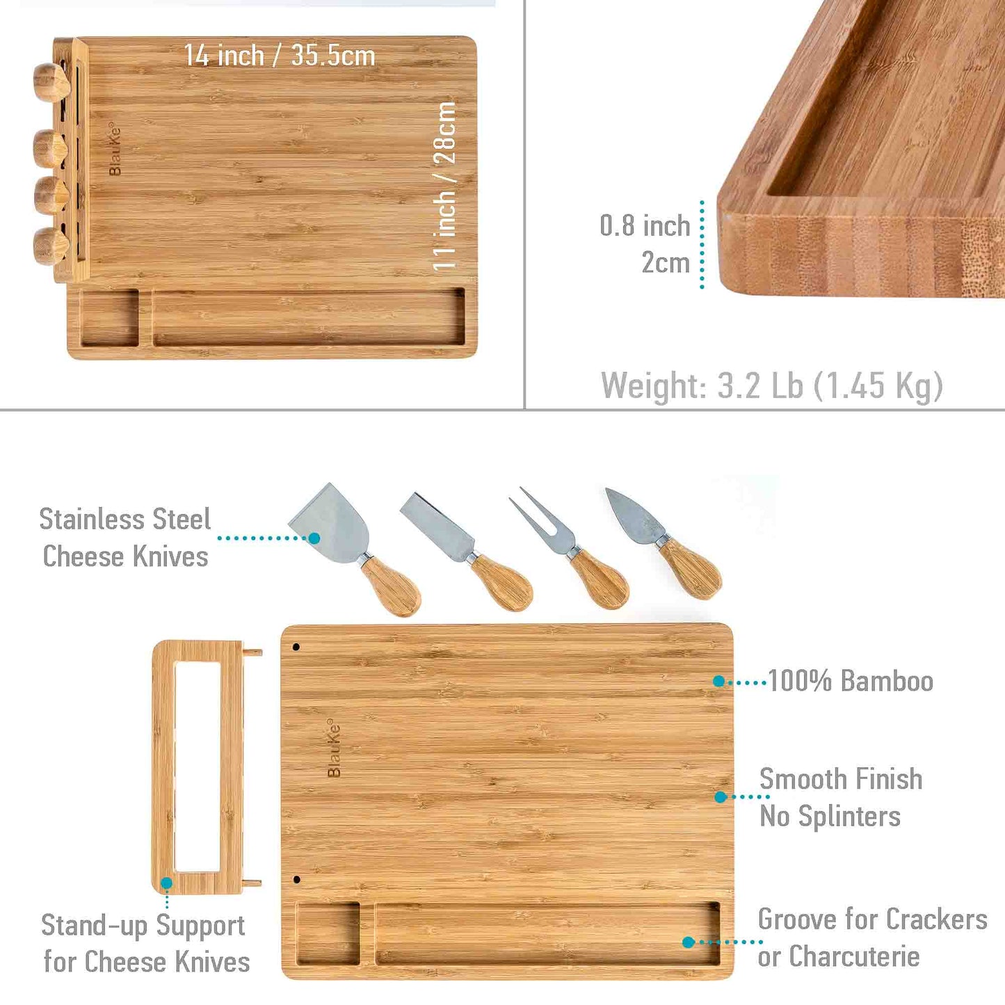 Bamboo Cheese Board and Knife Set - 14x11 inch Charcuterie Board