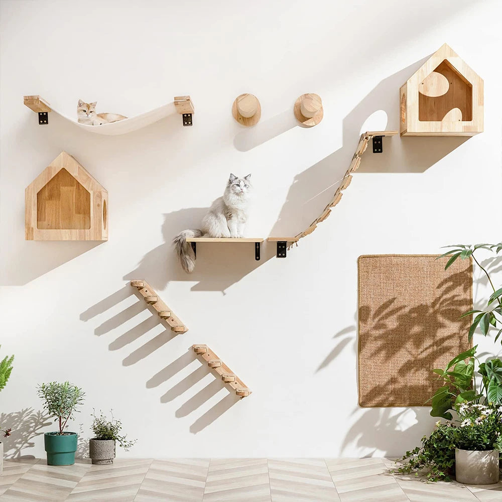 Wall Shelf Set Cat Perch Wooden Cat Tree House