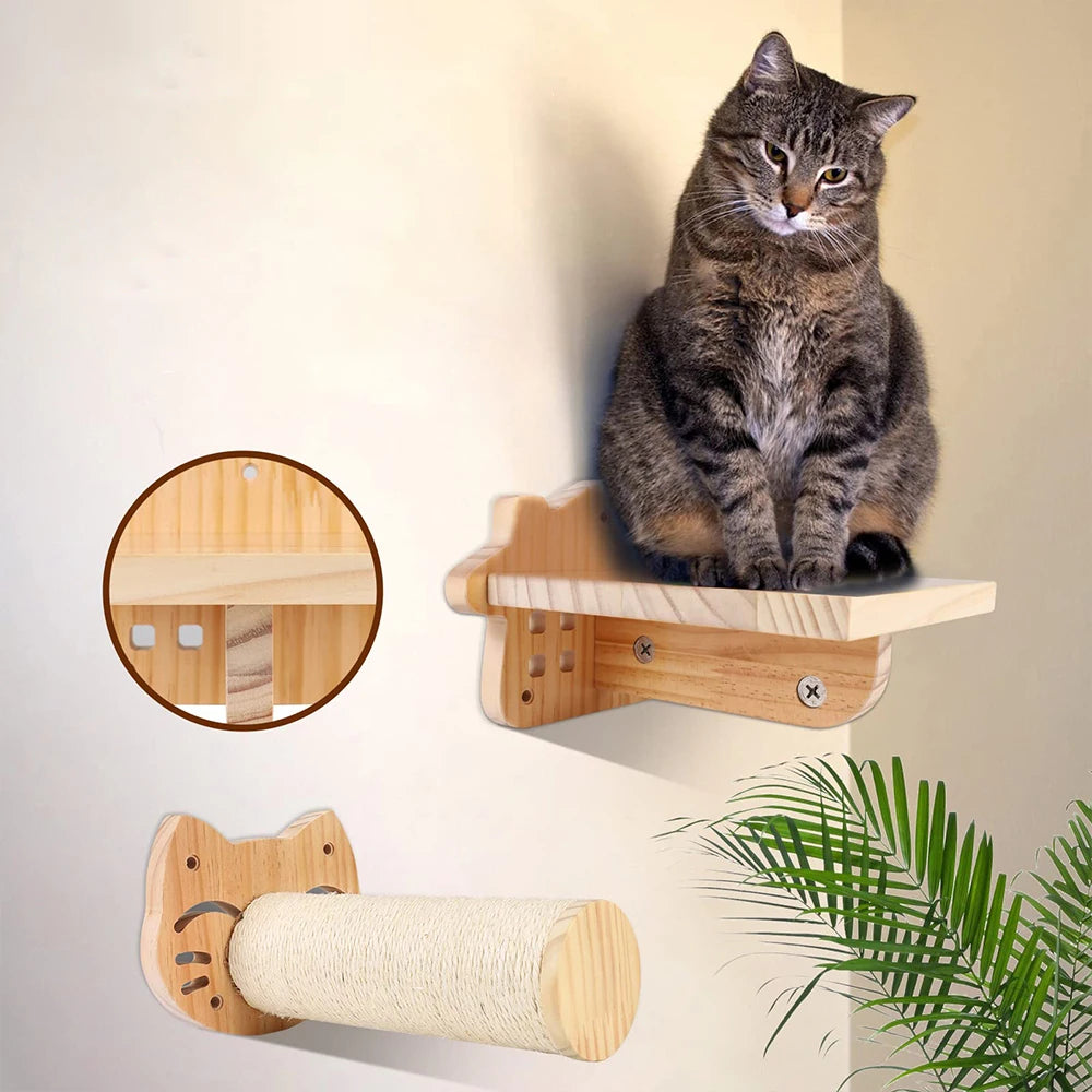 Wall Shelf Set Cat Perch Wooden Cat Tree House